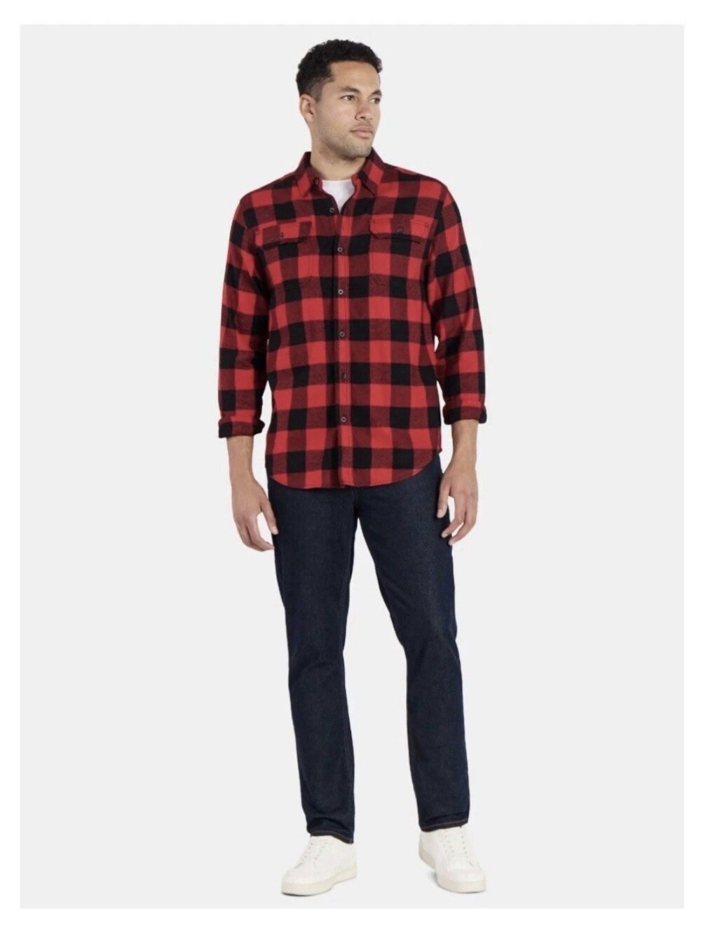 George Men’s Red & Black Buffalo Plaid Flannel Shirt Long Sleeve Size L